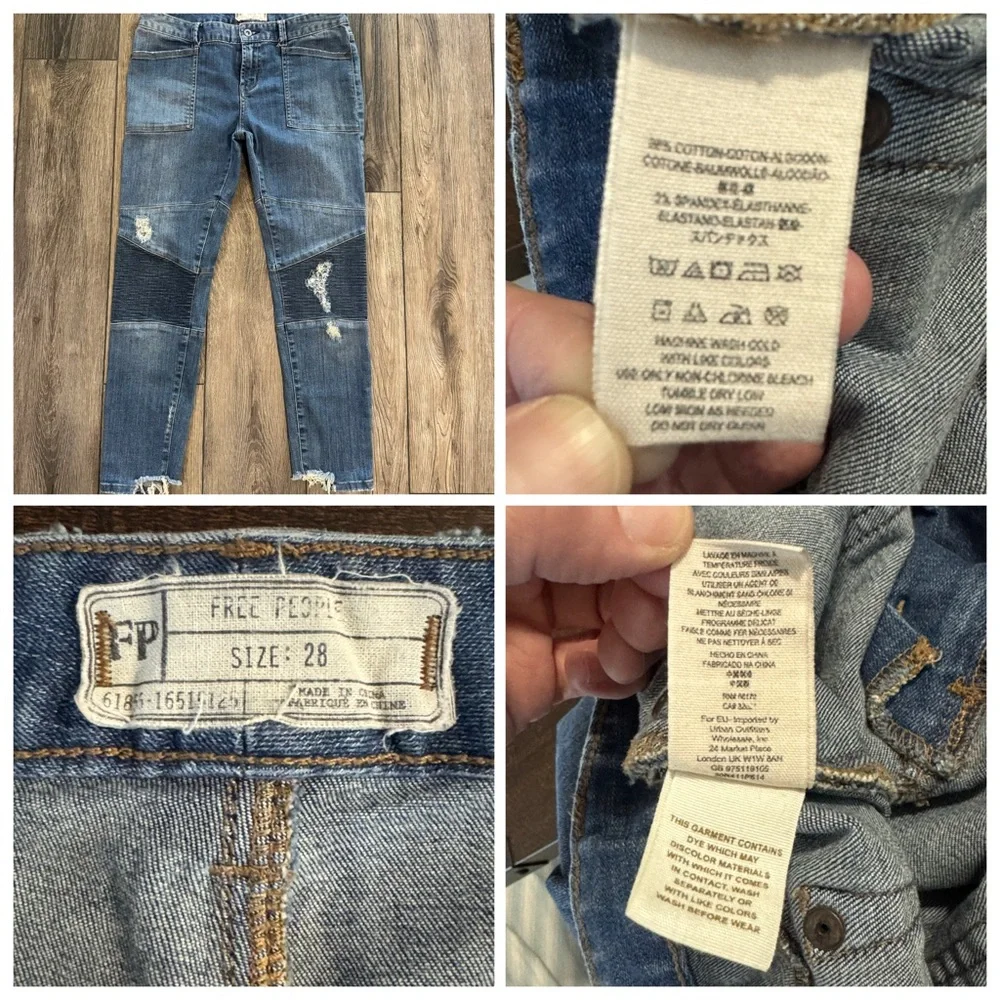 Free People Moto Jeans 28 High Rise Patchwork Utility Pockets Distressed - Picture 8 of 17